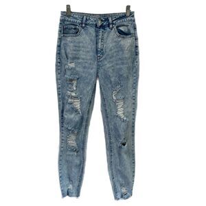 Tinseltown Women's Stonewash Skinny Jeans 5 Distressed High Rise Raw Hem Denim